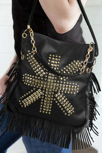 Black PU Leather Rivet Fringed Large One Shoulder Bag