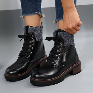 Knitted Patched Lace-up Heeled Ankle Boots
