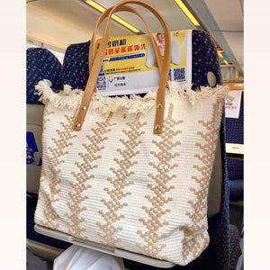 Colorblock Knit Fringed Button Tote Bag