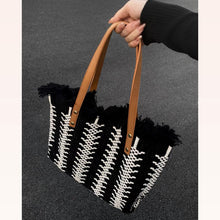 Load image into Gallery viewer, Colorblock Knit Fringed Button Tote Bag
