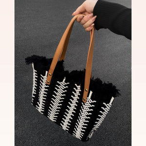 Colorblock Knit Fringed Button Tote Bag