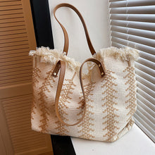 Load image into Gallery viewer, Colorblock Knit Fringed Button Tote Bag
