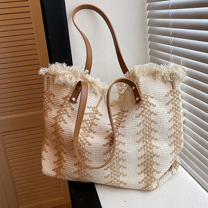 Colorblock Knit Fringed Button Tote Bag