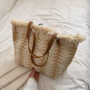 Colorblock Knit Fringed Button Tote Bag