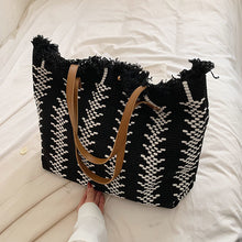 Load image into Gallery viewer, Colorblock Knit Fringed Button Tote Bag
