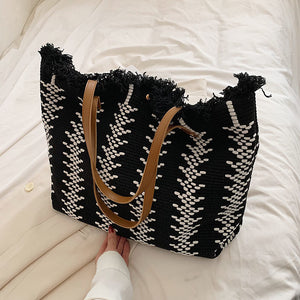 Colorblock Knit Fringed Button Tote Bag