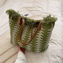 Load image into Gallery viewer, Colorblock Knit Fringed Button Tote Bag
