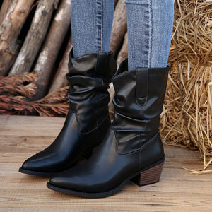 Block Heel Scrunch Leather Western Boots