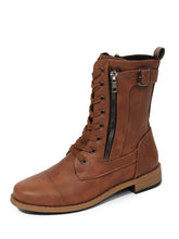 Load image into Gallery viewer, Chestnut Buckle Strap Zipper Decor Lace-up Leather Boots
