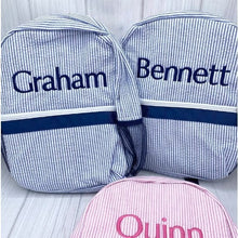 Load image into Gallery viewer, Custom Embroidered Name Kids Seersucker Backpack
