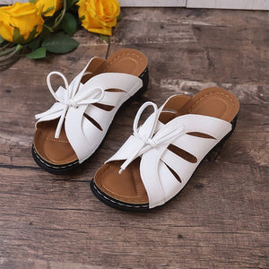 Bow Knot Hollow Out Peep Toe Wedge Slippers