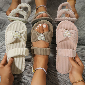 Pearled Heart Shape Ribbed Flat Slippers