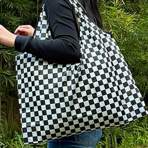 Checkered Print Large Capacity Canvas Shoulder Bag