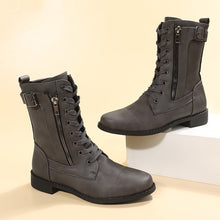 Load image into Gallery viewer, Chestnut Buckle Strap Zipper Decor Lace-up Leather Boots
