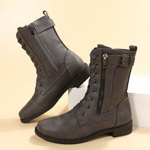 Load image into Gallery viewer, Chestnut Buckle Strap Zipper Decor Lace-up Leather Boots
