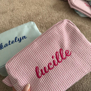 Custom Embroidered Name Seersucker Cosmetic Bag