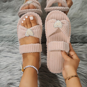 Pearled Heart Shape Ribbed Flat Slippers