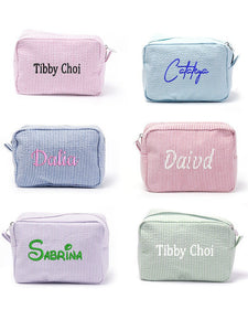 Custom Embroidered Name Seersucker Cosmetic Bag