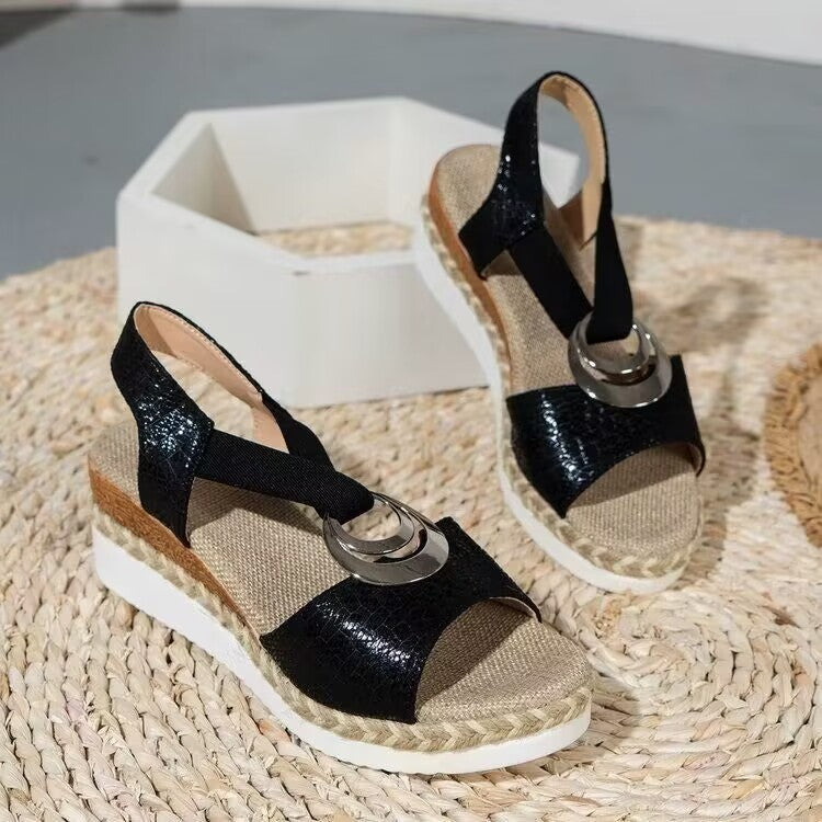 Crossed Strap Metal Decor Wedge Sandals