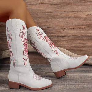 Bright White Leather Embroidered Western Cowgirl Boots