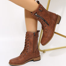 Load image into Gallery viewer, Chestnut Buckle Strap Zipper Decor Lace-up Leather Boots
