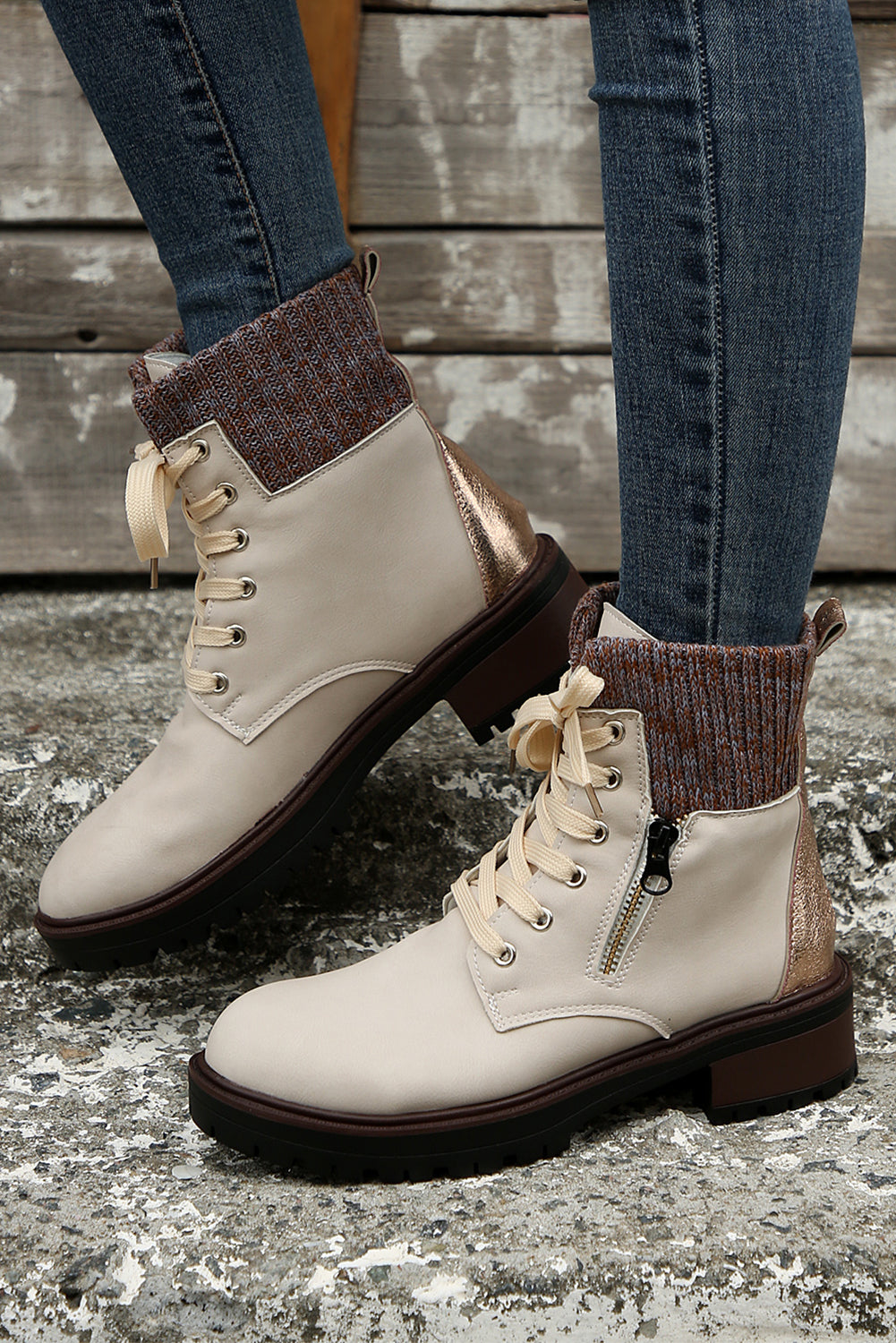 Knitted Patched Lace-up Heeled Ankle Boots
