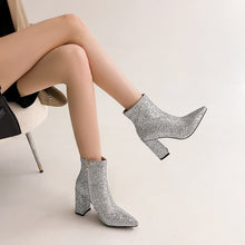 Load image into Gallery viewer, Women&#39;s Shiny Chunky Heel High Heel Booties-Silver
