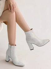 Load image into Gallery viewer, Women&#39;s Shiny Chunky Heel High Heel Booties-White
