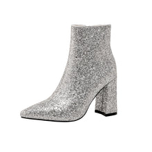 Load image into Gallery viewer, Women&#39;s Shiny Chunky Heel High Heel Booties-Silver
