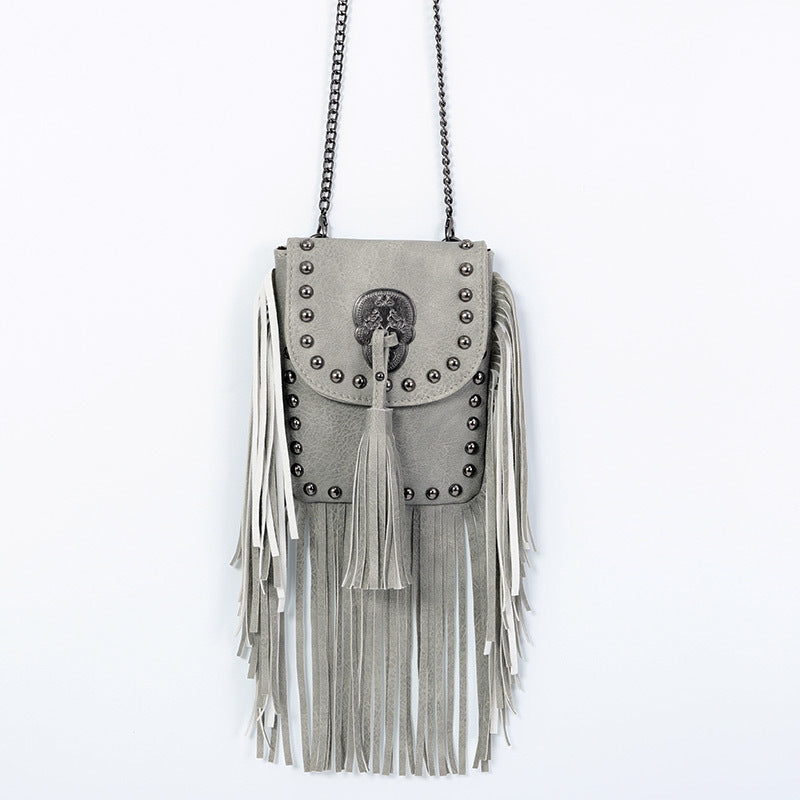 Gray Vintage Tassel Rivet Single Shoulder Bag-Gray